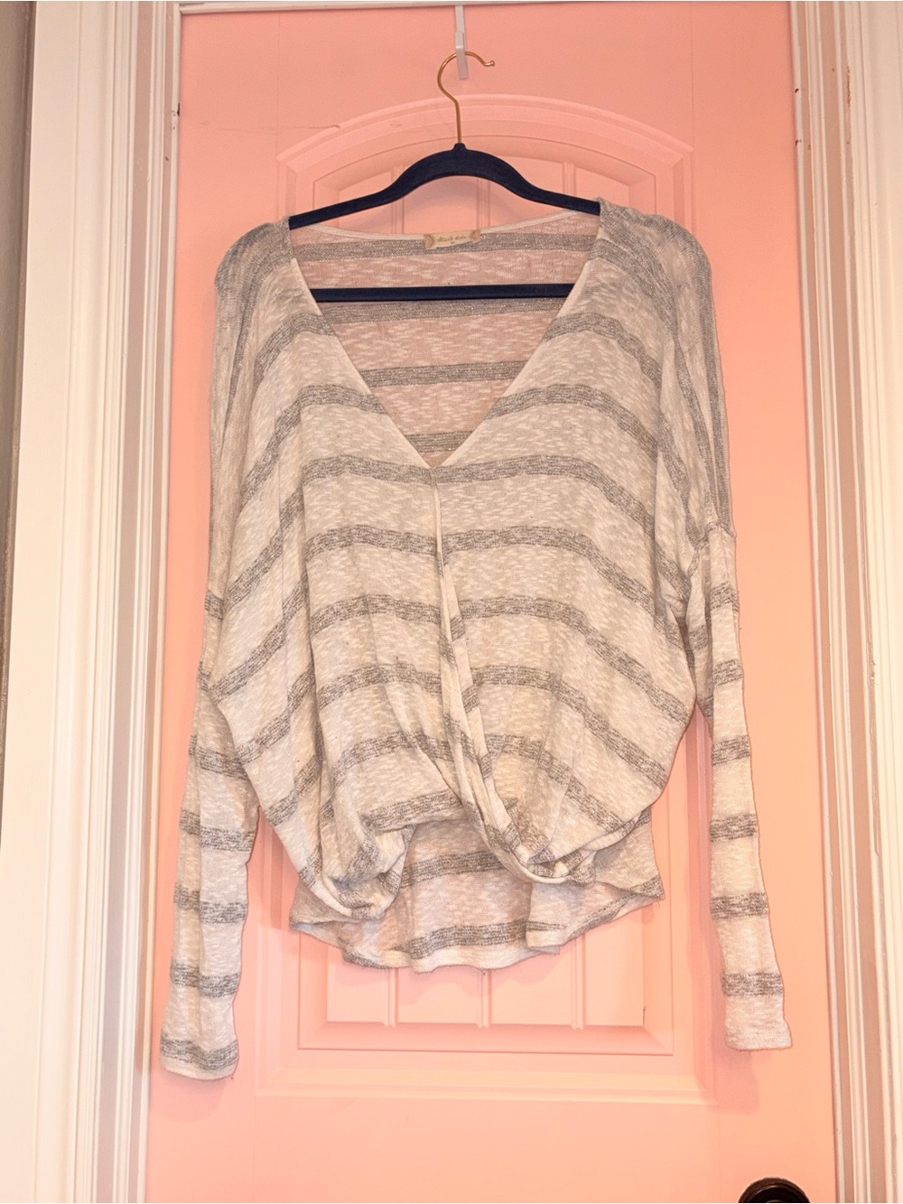 Altar'd State Cream and Gray Striped Draped V-Neck Top
